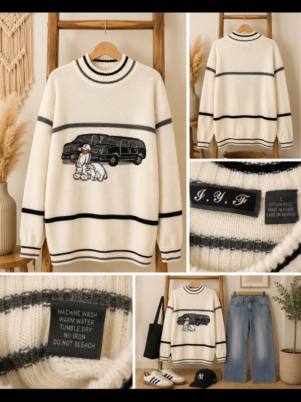 J.Y.F. Korean Vintage Style Novelty Car Graphic Sweater Cream Black Size L